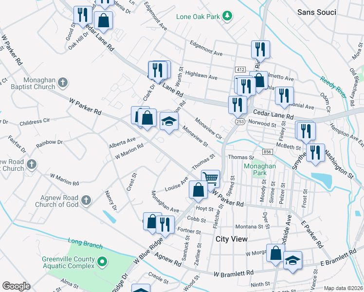 map of restaurants, bars, coffee shops, grocery stores, and more near 10 Monaview Street in Greenville