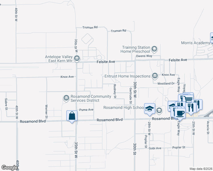 map of restaurants, bars, coffee shops, grocery stores, and more near 3243 Geri Court in Rosamond