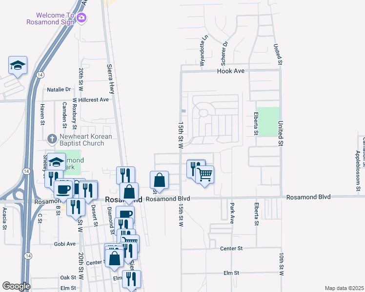 map of restaurants, bars, coffee shops, grocery stores, and more near 3300 15th Street West in Rosamond