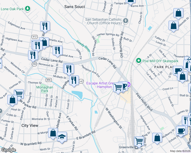 map of restaurants, bars, coffee shops, grocery stores, and more near 1121 Tsali Circle in Greenville
