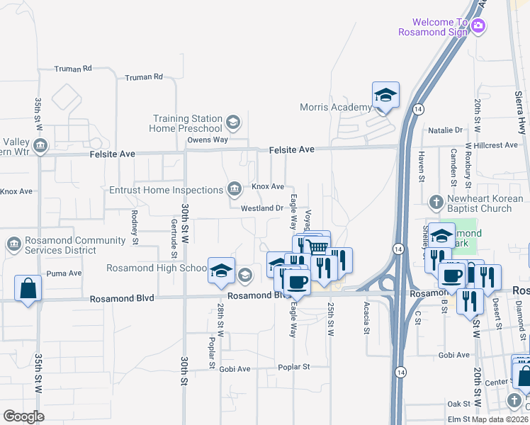 map of restaurants, bars, coffee shops, grocery stores, and more near 2716 Westland Drive in Rosamond