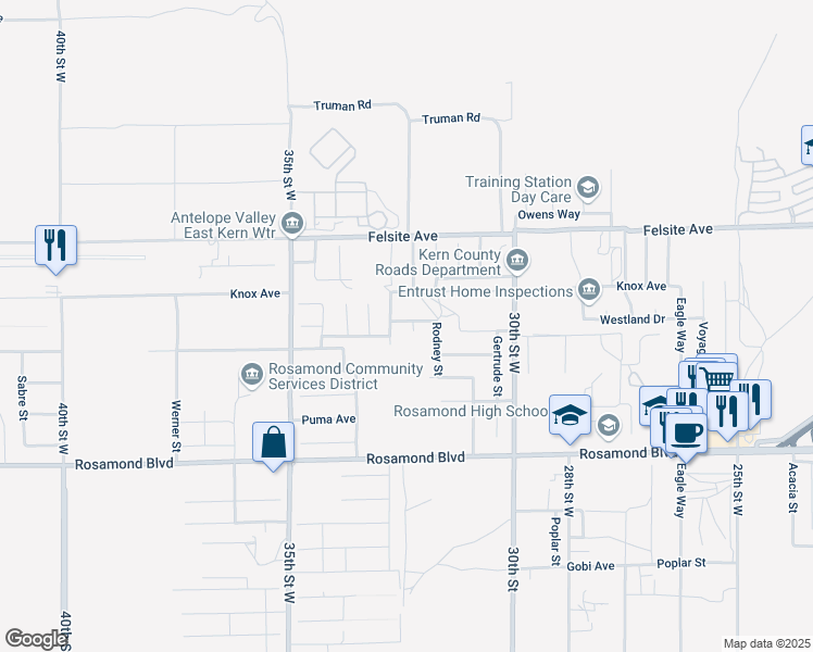 map of restaurants, bars, coffee shops, grocery stores, and more near 3243 Geri Court in Rosamond