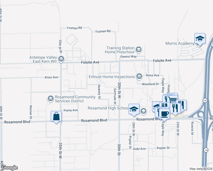 map of restaurants, bars, coffee shops, grocery stores, and more near 3101 Echo Drive in Rosamond