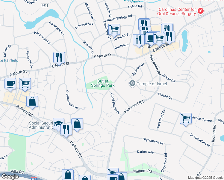 map of restaurants, bars, coffee shops, grocery stores, and more near 303 Butler Springs Road in Greenville