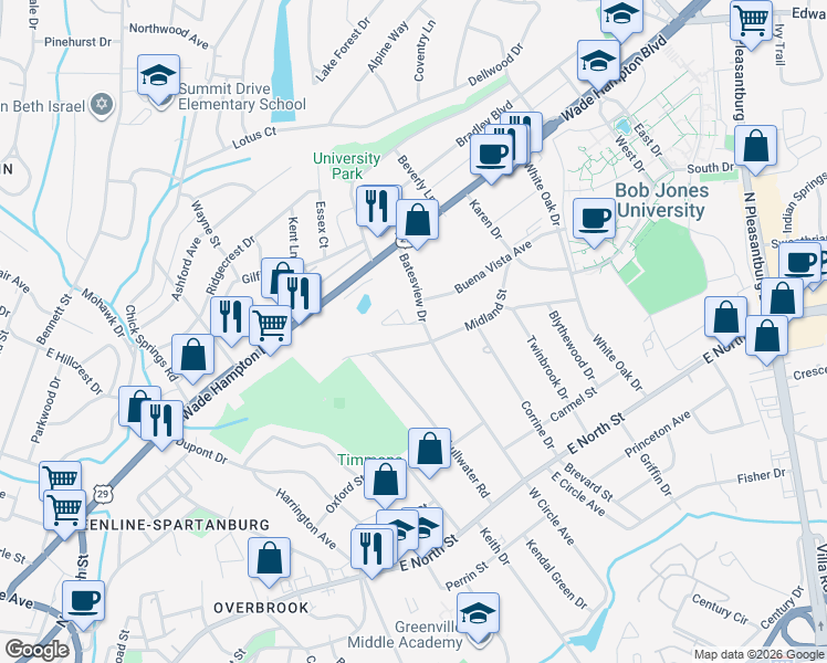 map of restaurants, bars, coffee shops, grocery stores, and more near 223 Batesview Drive in Greenville