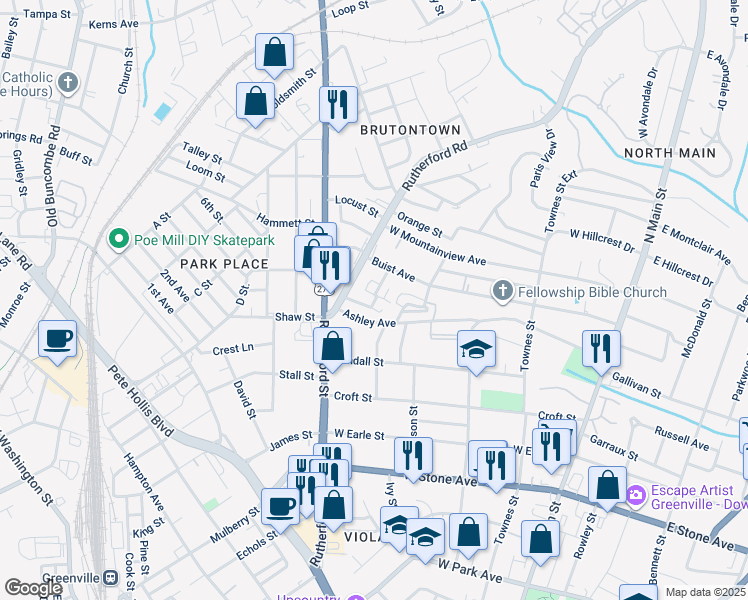 map of restaurants, bars, coffee shops, grocery stores, and more near 10 Oakhurst Avenue in Greenville