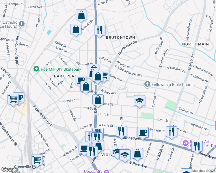 map of restaurants, bars, coffee shops, grocery stores, and more near 10 Oakhurst Avenue in Greenville