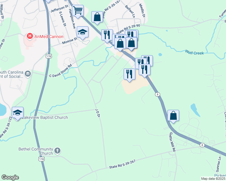 map of restaurants, bars, coffee shops, grocery stores, and more near 174 Roberts Drive in Pickens