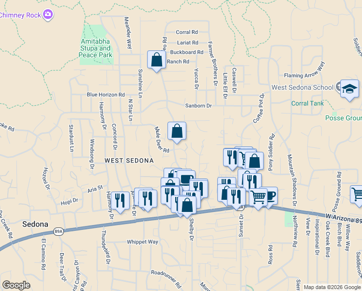map of restaurants, bars, coffee shops, grocery stores, and more near 2315 Vista Drive in Sedona
