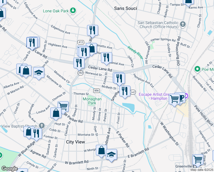 map of restaurants, bars, coffee shops, grocery stores, and more near 14 McBeth Street in Greenville