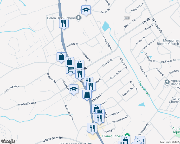 map of restaurants, bars, coffee shops, grocery stores, and more near 6526 White Horse Road in Greenville