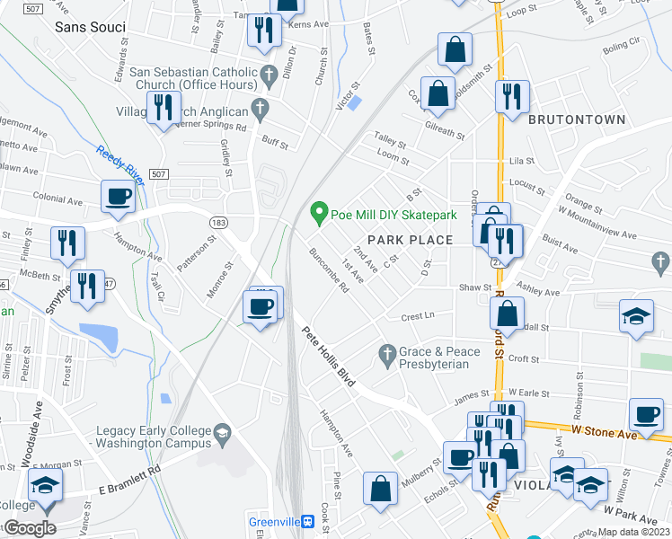 map of restaurants, bars, coffee shops, grocery stores, and more near 1524 Buncombe Road in Greenville