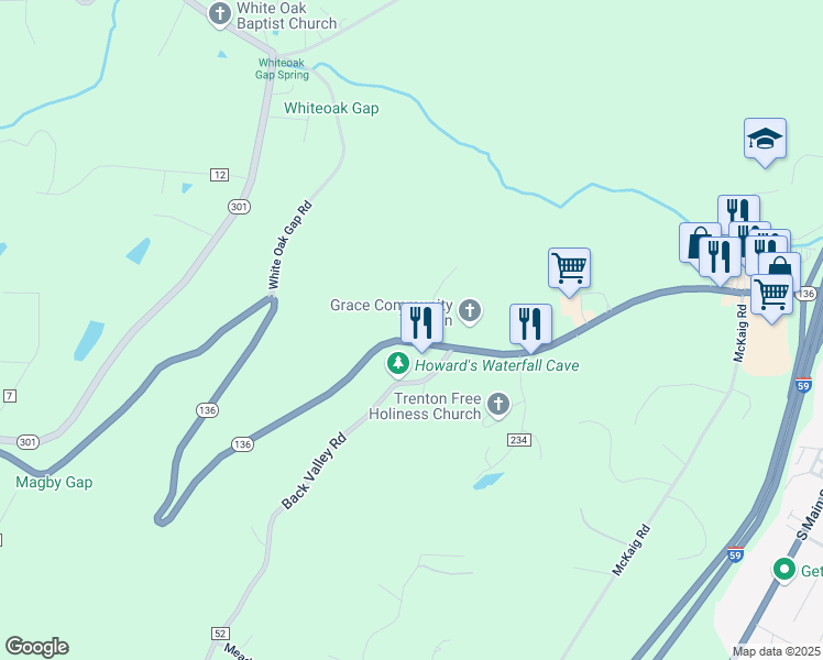 map of restaurants, bars, coffee shops, grocery stores, and more near 4227 Georgia 136 in Trenton