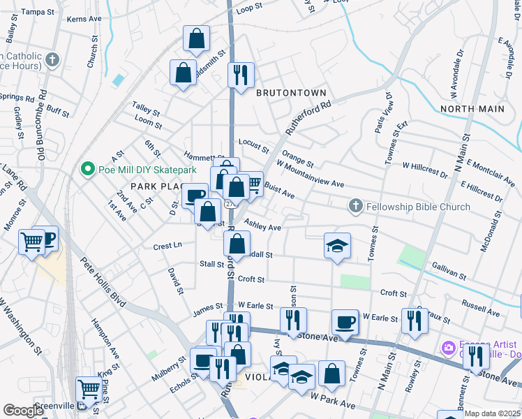map of restaurants, bars, coffee shops, grocery stores, and more near 10 Oakhurst Avenue in Greenville