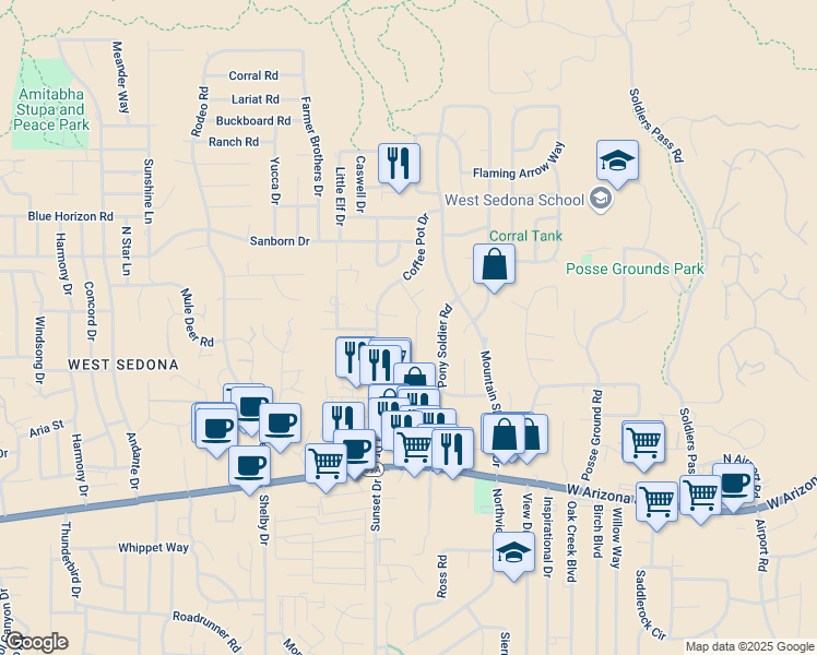 map of restaurants, bars, coffee shops, grocery stores, and more near 80 Grounds Drive in Sedona