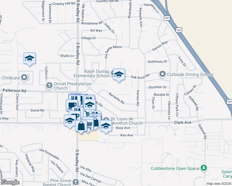 map of restaurants, bars, coffee shops, grocery stores, and more near 1212 Royal Oak Road in Santa Maria