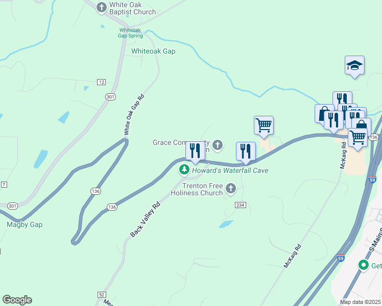 map of restaurants, bars, coffee shops, grocery stores, and more near 4227 Georgia 136 in Trenton