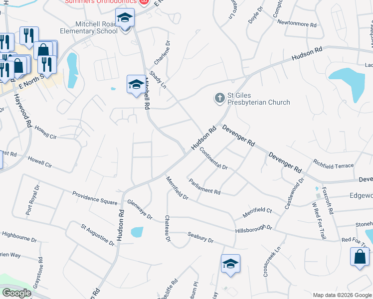 map of restaurants, bars, coffee shops, grocery stores, and more near 807 Hudson Road in Greenville