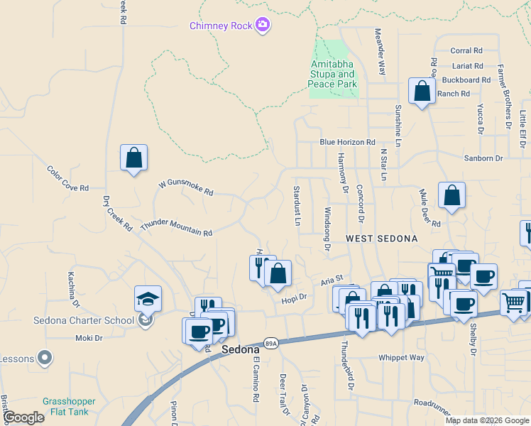 map of restaurants, bars, coffee shops, grocery stores, and more near 200 East Gunsmoke Road in Sedona