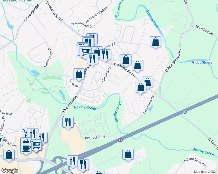 map of restaurants, bars, coffee shops, grocery stores, and more near 705 Pelham Square Way in Greer