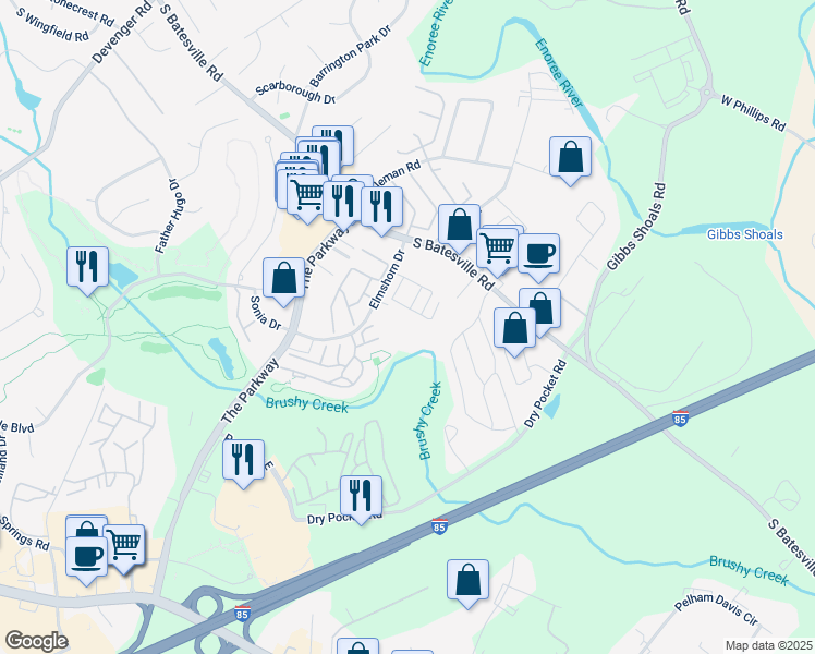 map of restaurants, bars, coffee shops, grocery stores, and more near 907 Pelham Square Way in Greer