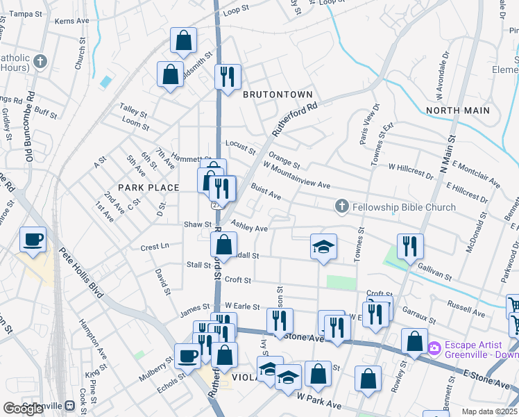 map of restaurants, bars, coffee shops, grocery stores, and more near 10 Oakhurst Avenue in Greenville