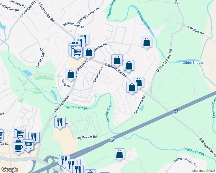 map of restaurants, bars, coffee shops, grocery stores, and more near 308 Pelham Square Way in Greer