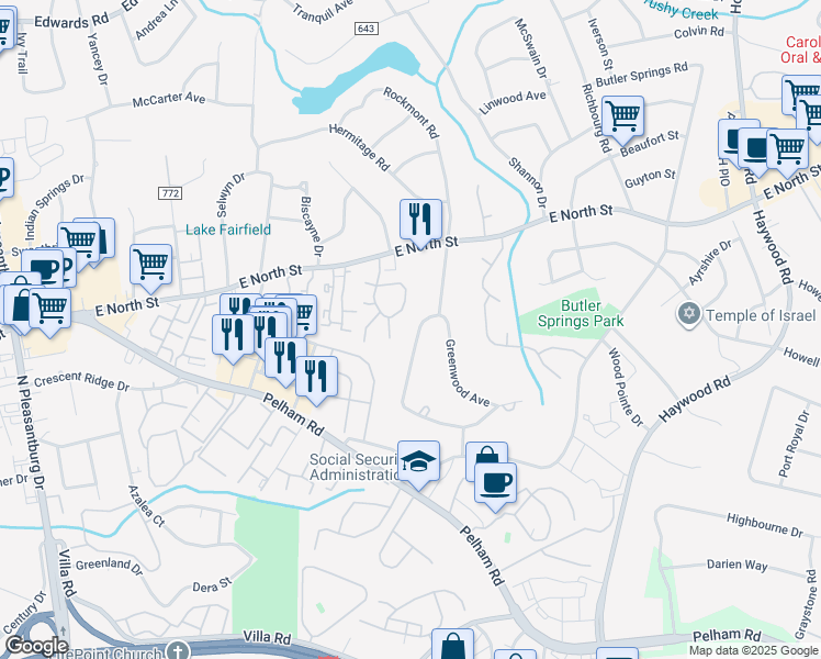 map of restaurants, bars, coffee shops, grocery stores, and more near 508 Rockmont Road in Greenville