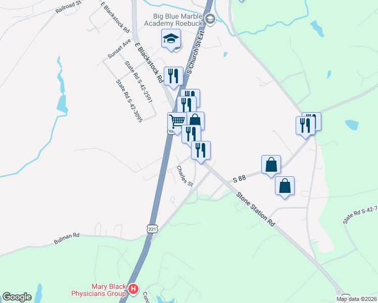 map of restaurants, bars, coffee shops, grocery stores, and more near 2550 Stone Station Rd in Roebuck