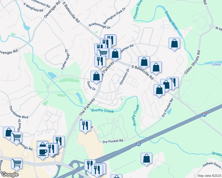 map of restaurants, bars, coffee shops, grocery stores, and more near 310 The Parkway in Greer