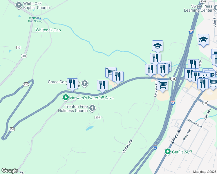map of restaurants, bars, coffee shops, grocery stores, and more near 4575 Georgia 136 in Trenton