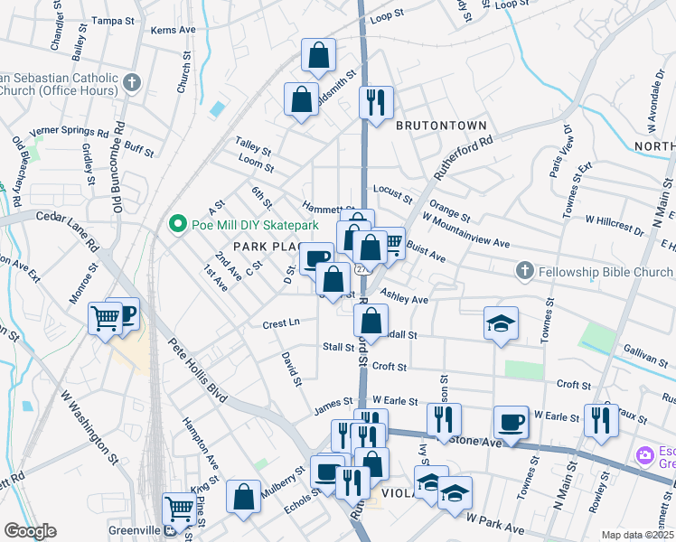 map of restaurants, bars, coffee shops, grocery stores, and more near 120 Orders Street in Greenville