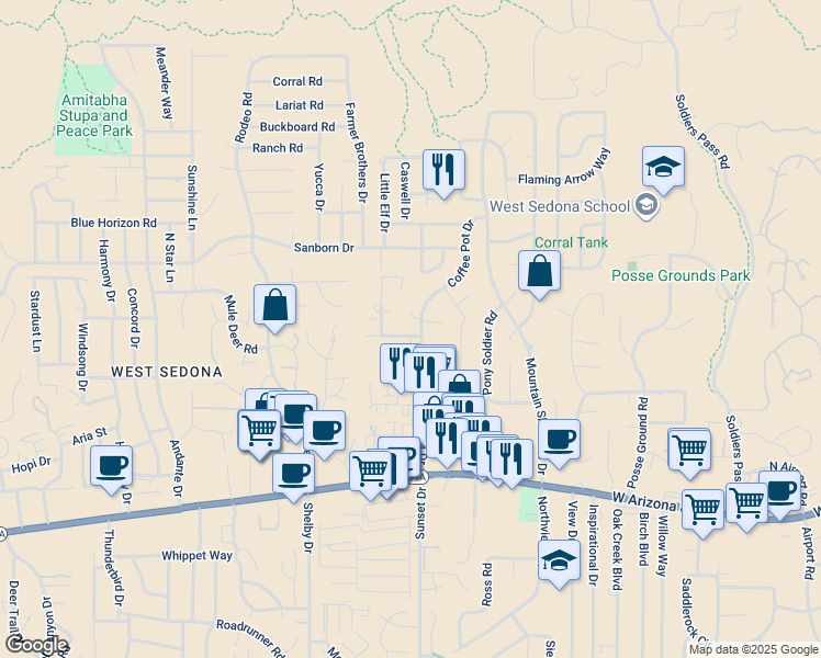 map of restaurants, bars, coffee shops, grocery stores, and more near 40 Grasshopper Lane in Sedona
