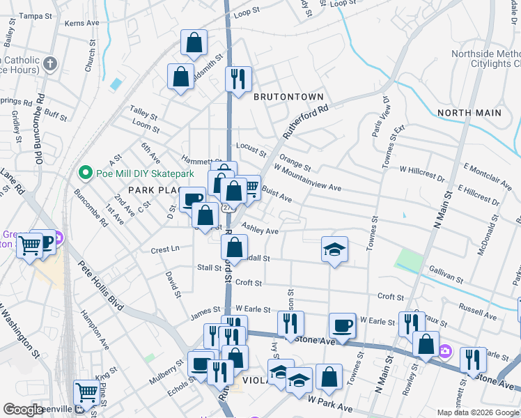 map of restaurants, bars, coffee shops, grocery stores, and more near 10 Oakhurst Avenue in Greenville