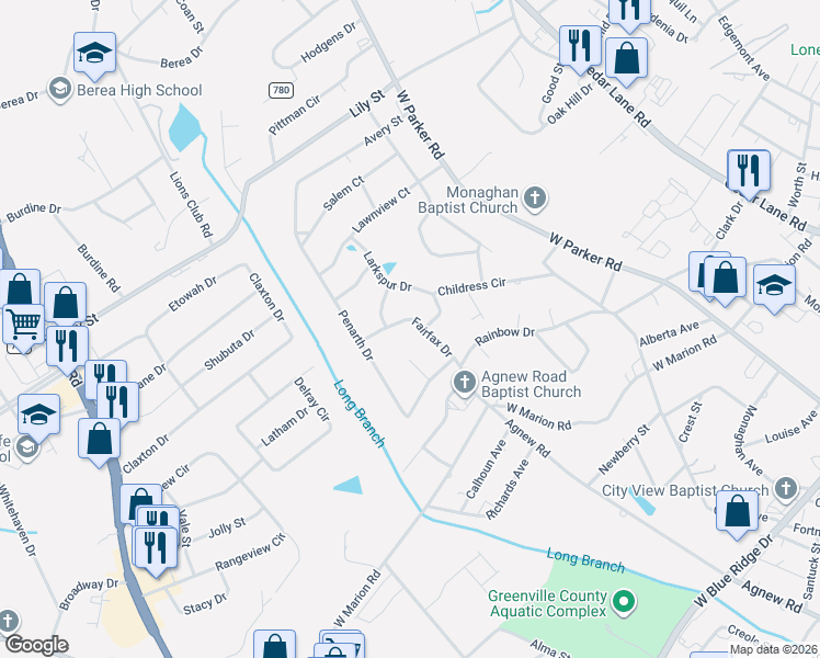 map of restaurants, bars, coffee shops, grocery stores, and more near 101 Fairfax Drive in Greenville