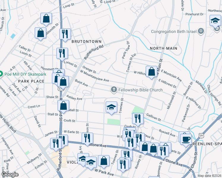 map of restaurants, bars, coffee shops, grocery stores, and more near 113 West Mountainview Avenue in Greenville
