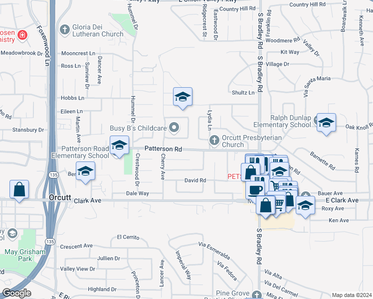 map of restaurants, bars, coffee shops, grocery stores, and more near Patterson Road in Orcutt