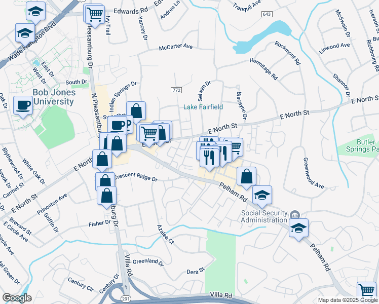map of restaurants, bars, coffee shops, grocery stores, and more near 11 Willowick Apartment in Greenville