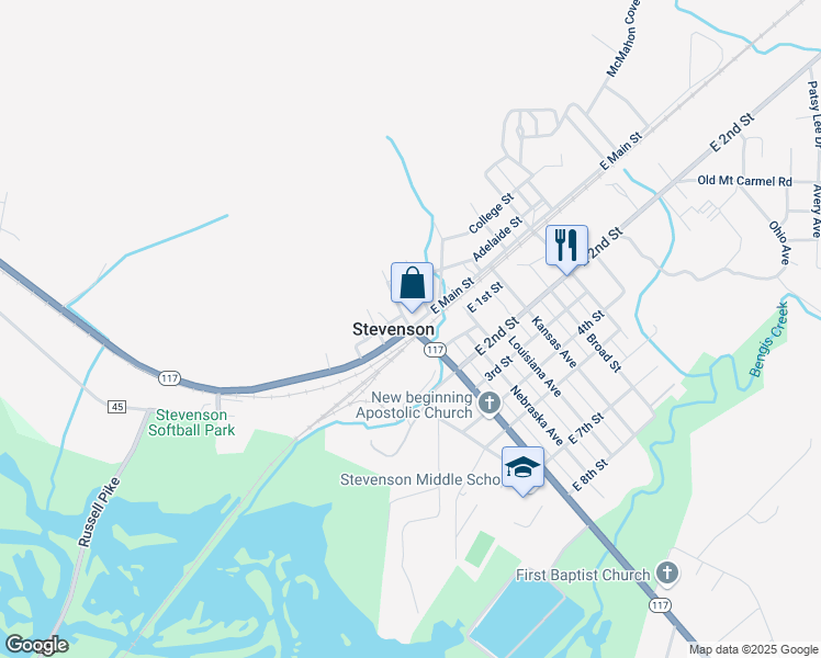 map of restaurants, bars, coffee shops, grocery stores, and more near Alabama 117 in Stevenson