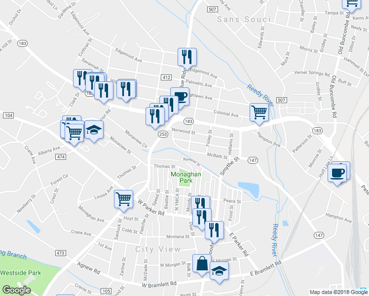 map of restaurants, bars, coffee shops, grocery stores, and more near 32 McBeth Street in Greenville