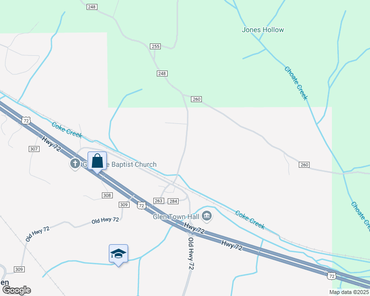map of restaurants, bars, coffee shops, grocery stores, and more near County Road 248 in Glen