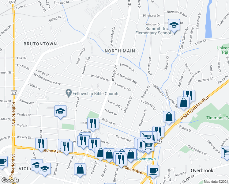 map of restaurants, bars, coffee shops, grocery stores, and more near 9 East Mountainview Avenue in Greenville