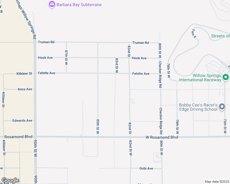 map of restaurants, bars, coffee shops, grocery stores, and more near 83rd Street West in Rosamond