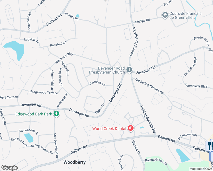 map of restaurants, bars, coffee shops, grocery stores, and more near 17 Paddock Drive in Greer