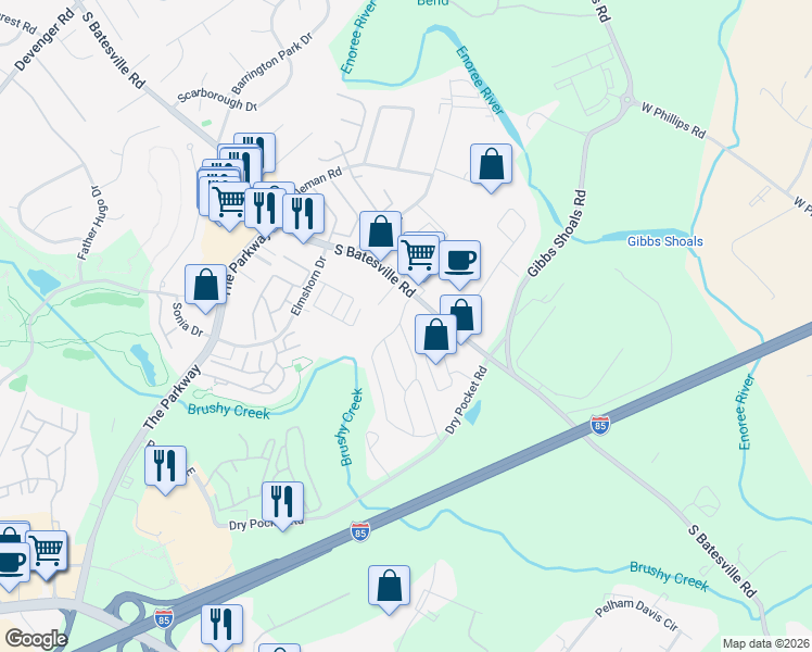 map of restaurants, bars, coffee shops, grocery stores, and more near 2 Sunbelt Court in Greer