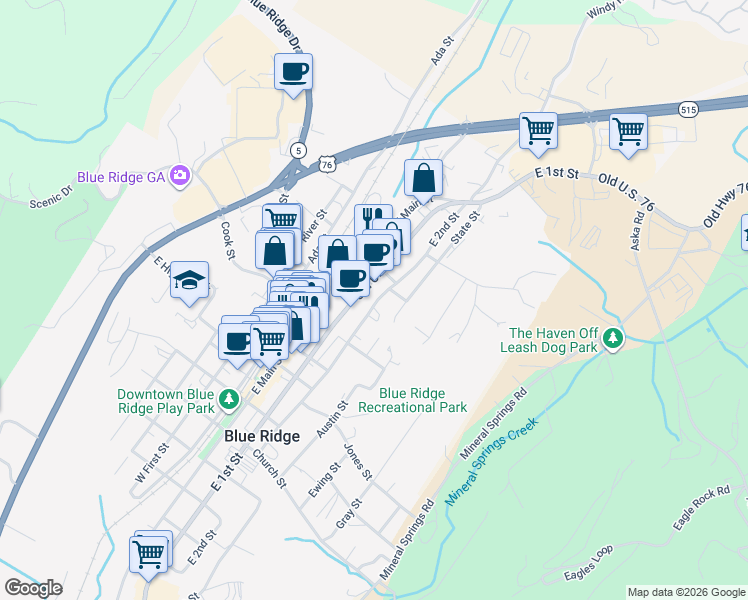 map of restaurants, bars, coffee shops, grocery stores, and more near 3586 East 1st Street in Blue Ridge