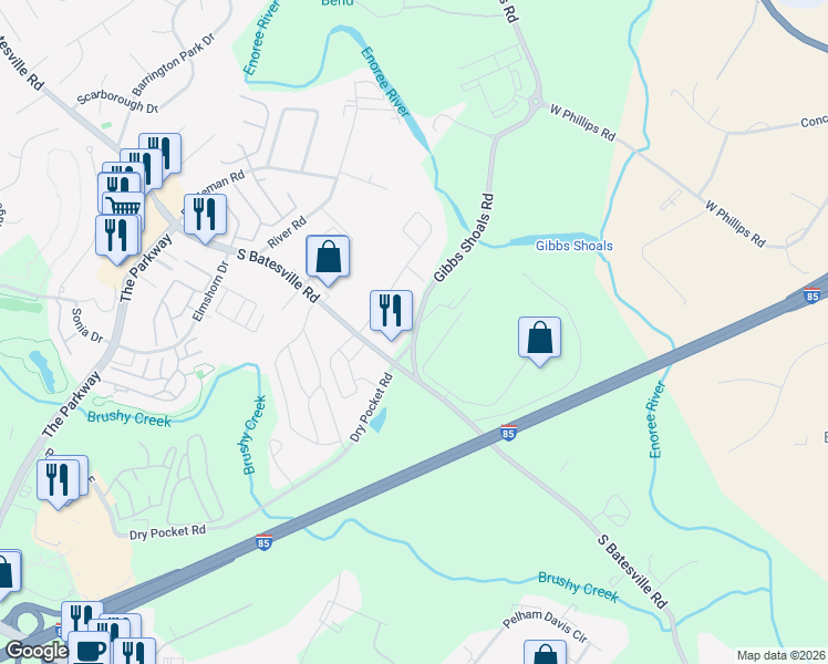map of restaurants, bars, coffee shops, grocery stores, and more near 2275 Gibbs Shoals Road in Greer