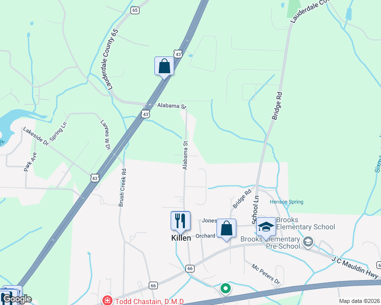 map of restaurants, bars, coffee shops, grocery stores, and more near 541-727 Alabama Street in Killen