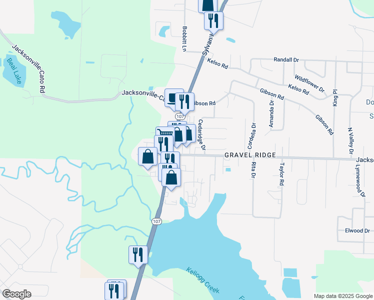 map of restaurants, bars, coffee shops, grocery stores, and more near 7900 Jacksonville-Cato Road in Sherwood