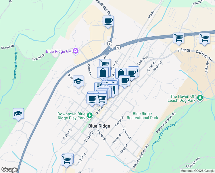 map of restaurants, bars, coffee shops, grocery stores, and more near 30 Ada Street in Blue Ridge